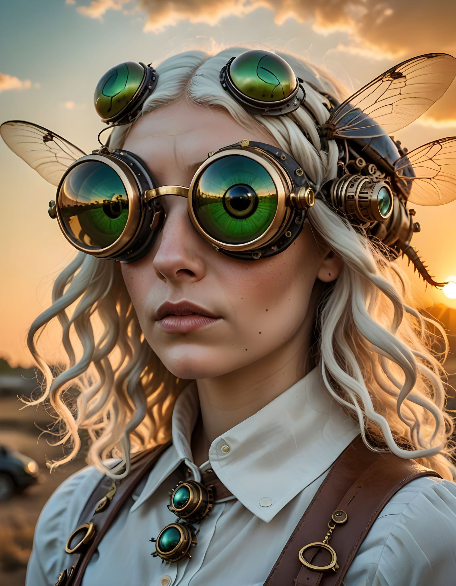 Steampunk Albino Woman Surprised by Giant Beetles in Sunset
