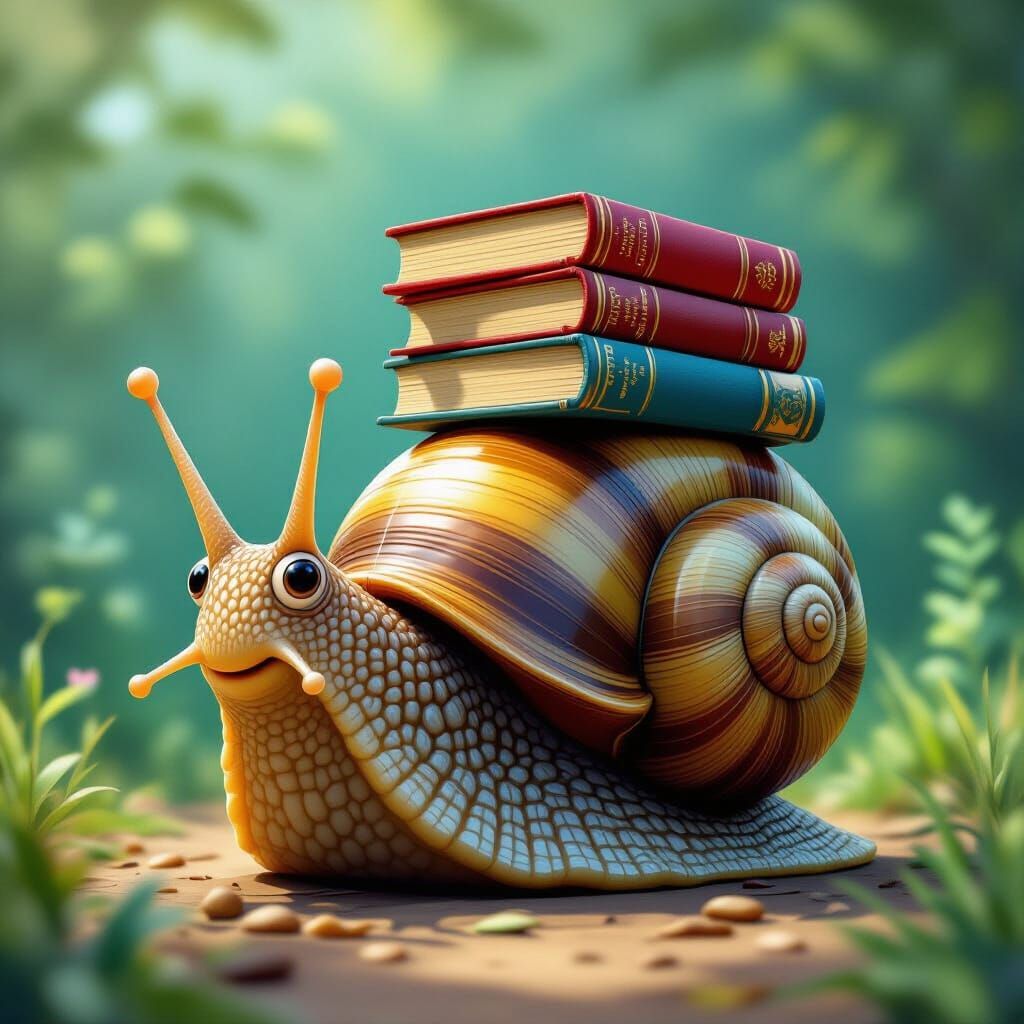 Cartoon Snail Carries Books in Detailed Matte Painting