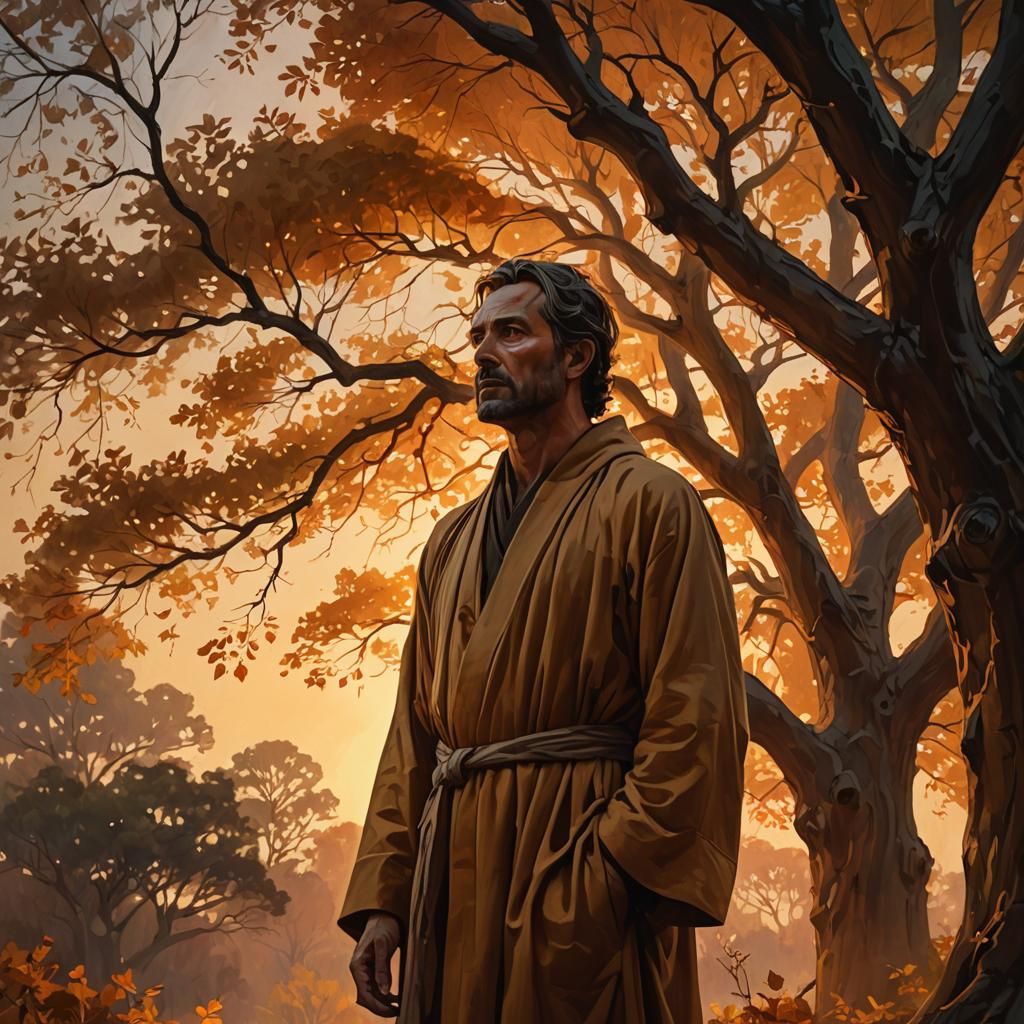 Mystical Man Before Towering Tree at Dusk