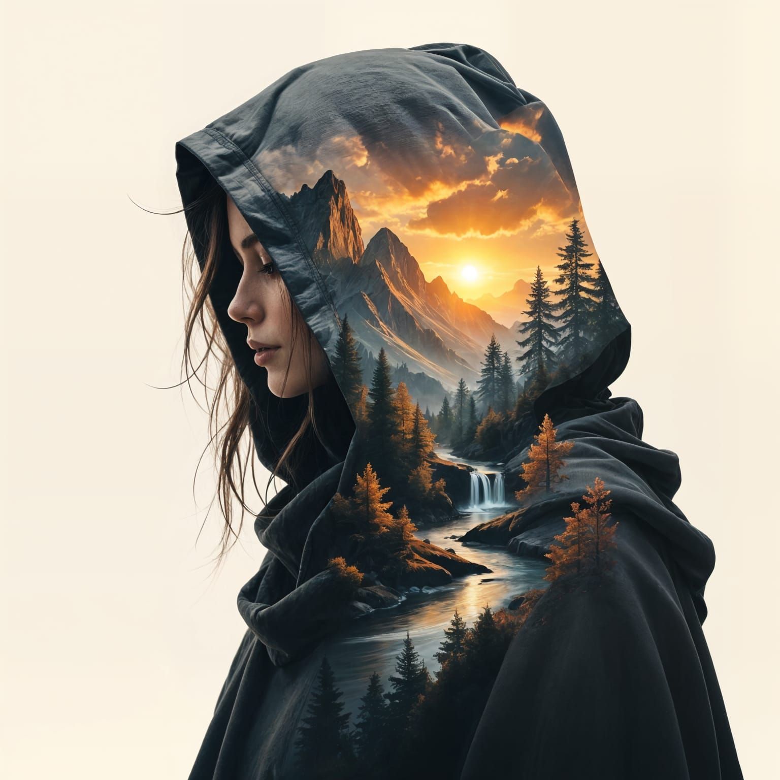 Mysterious Hooded Figure with Forest Double Exposure