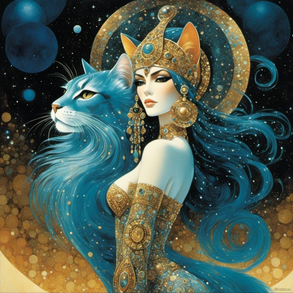 Cosmic Cat Goddess in Art Nouveau Style