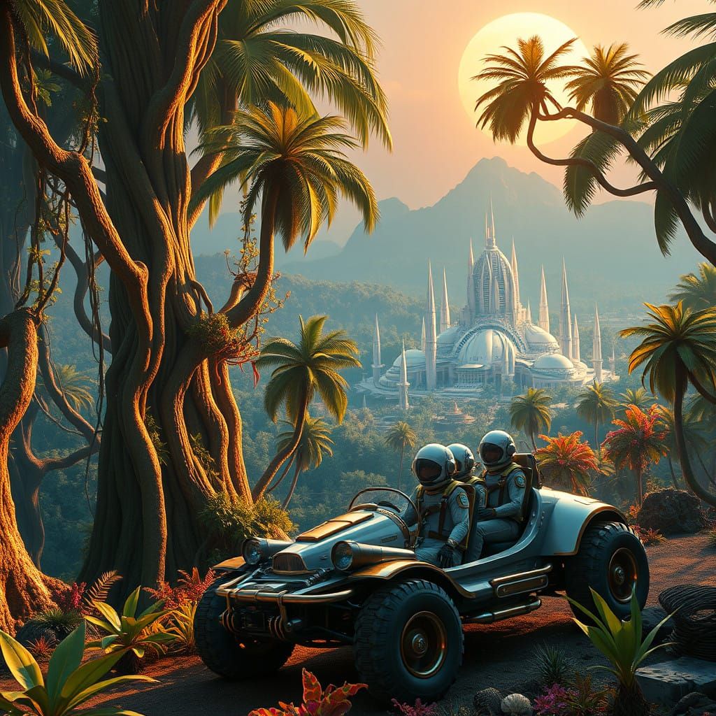 Lush Alien World in Cyberpunk Steampunk Style