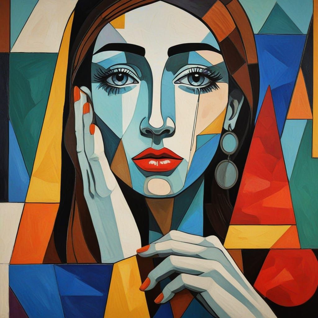 Woman with Long Neck in Vibrant Geometric Environment