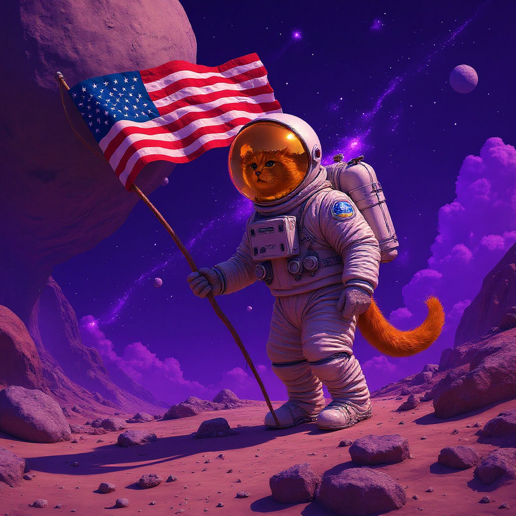 Astronaut Cat Plants Flag on Asteroid
