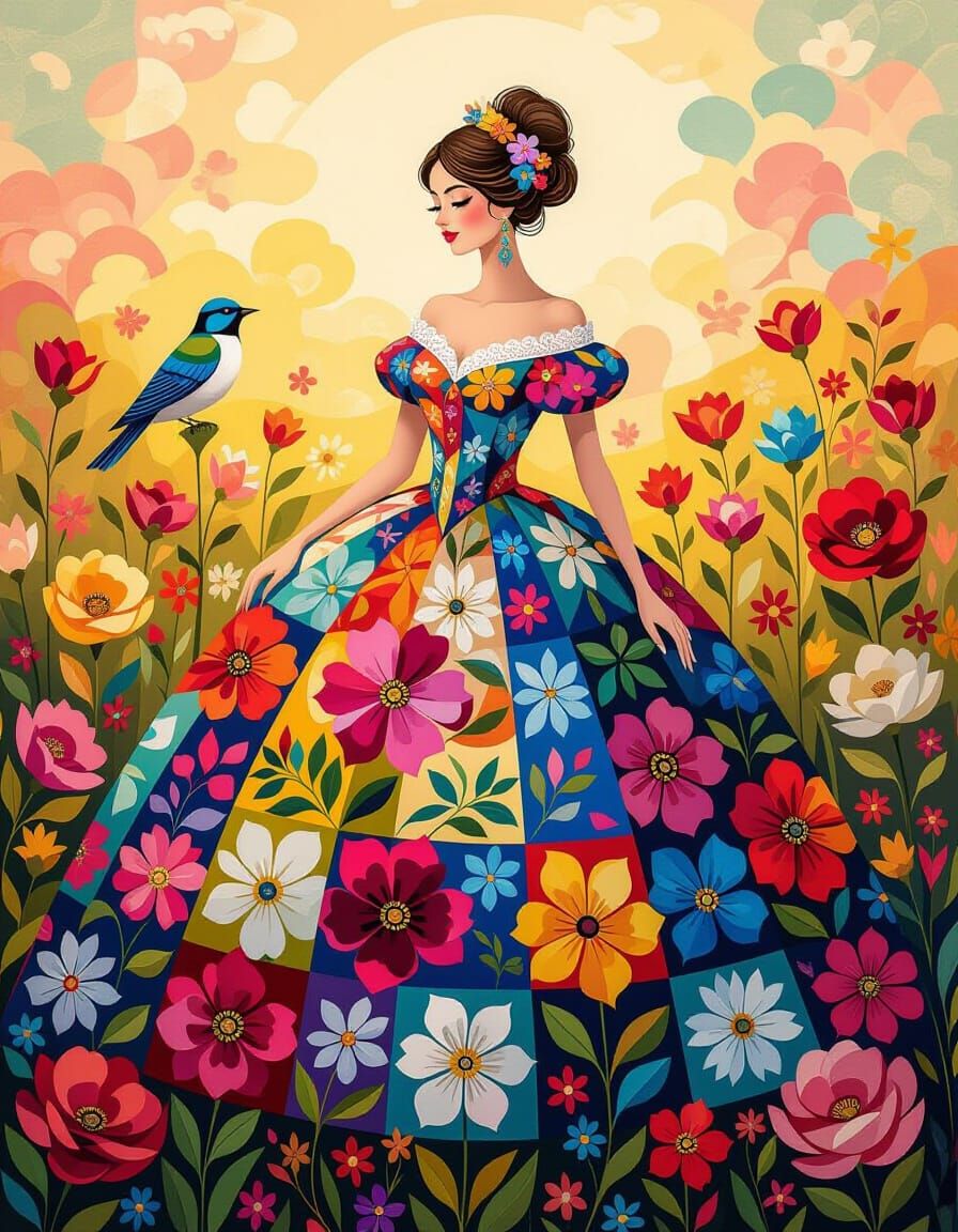 Vibrant Floral Portrait in Patchwork Style