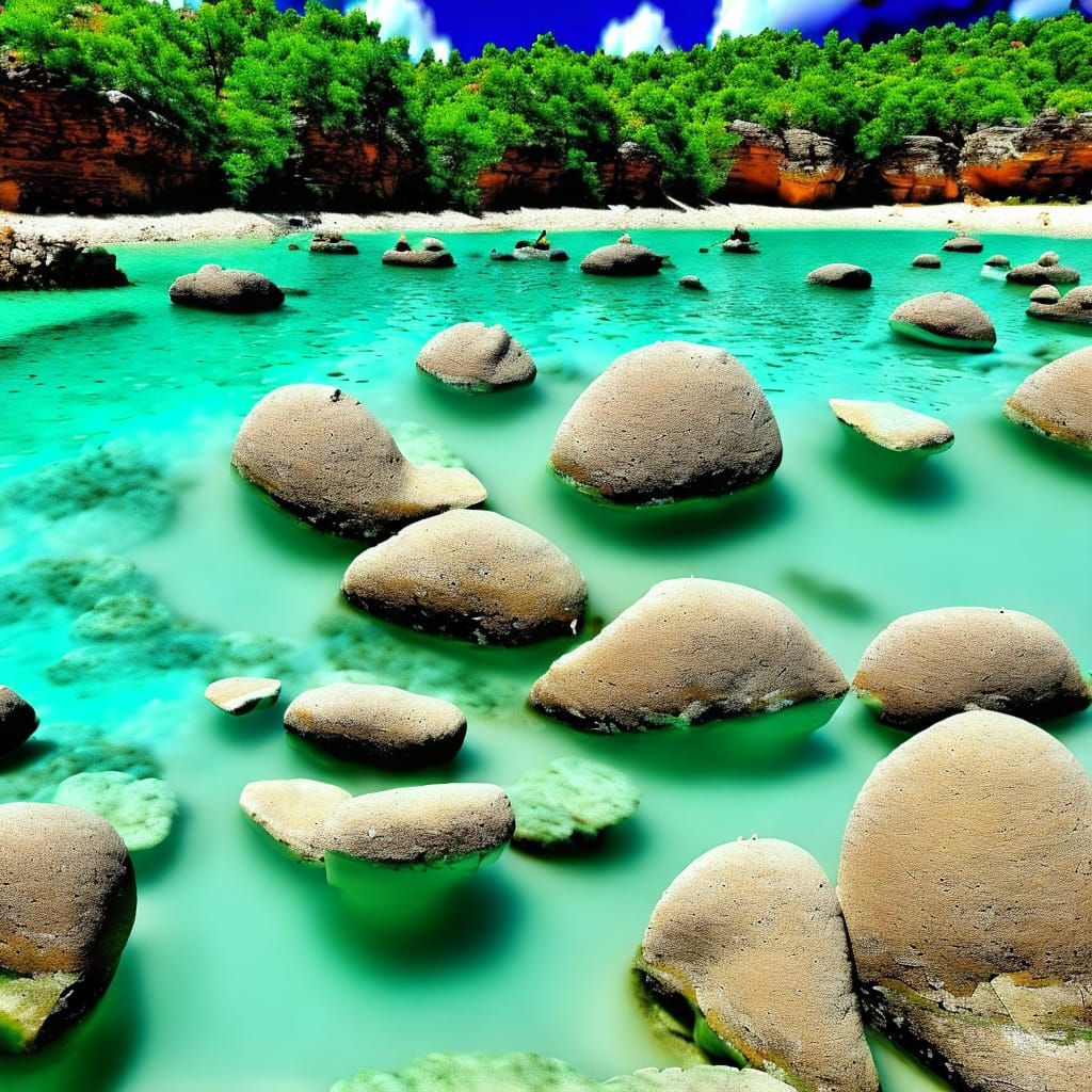 Turquoise Water Cove with Stones and Clouds