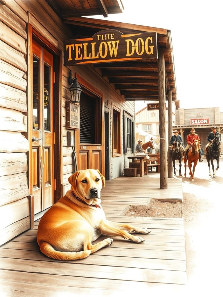 Wild West Scene with Yellow Dog and Saloon, in a Watercolor-...