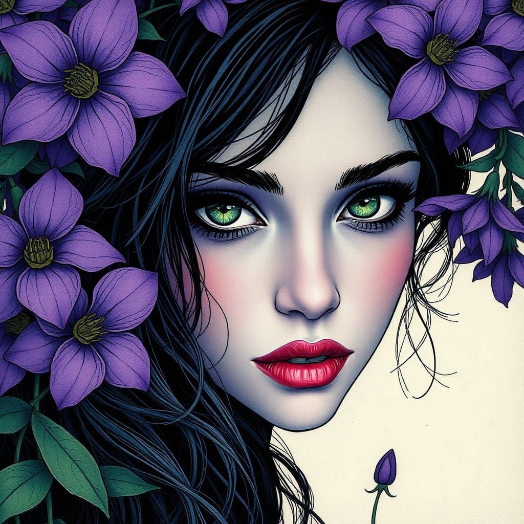 Emerald Eyes and Purple Flowers in Mixed Media Style