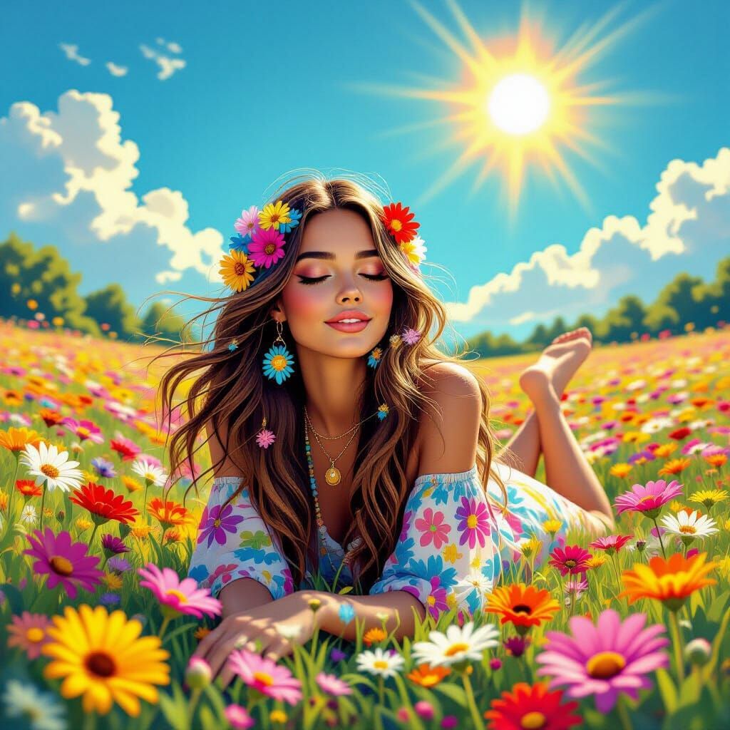 Hippie Girl in Psychedelic Flower Field, Vintage Art