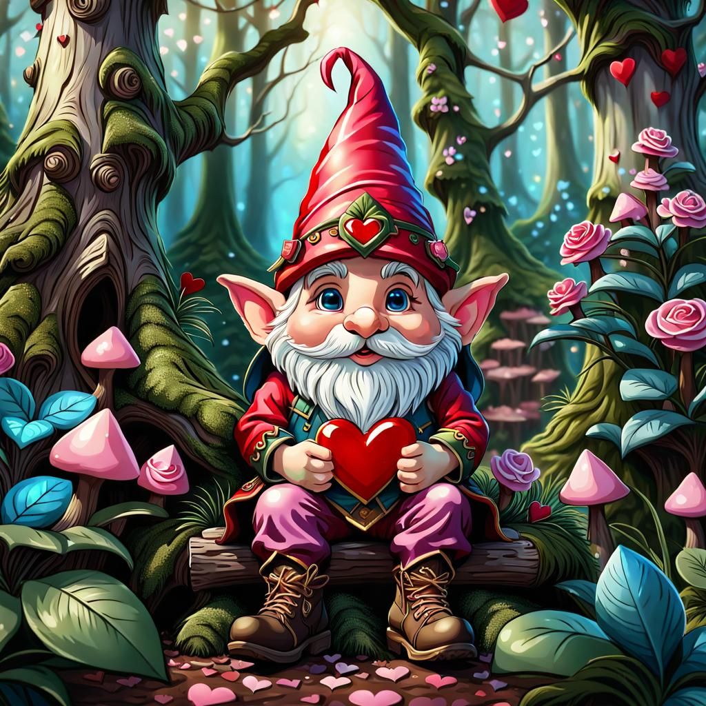 Valentine's Gnome in Evergreen Forest: Airbrush Art