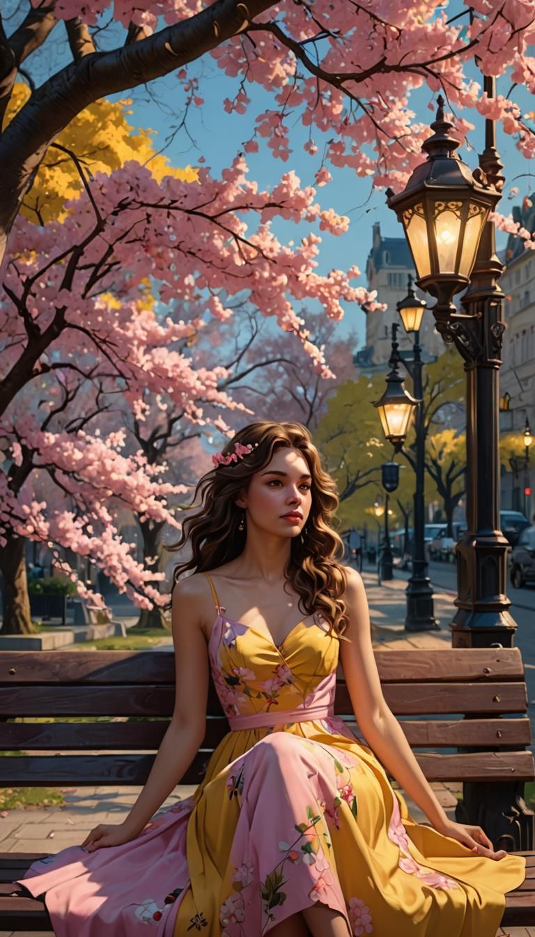 Brunette Under Cherry Tree: Hyperdetailed Concept Art