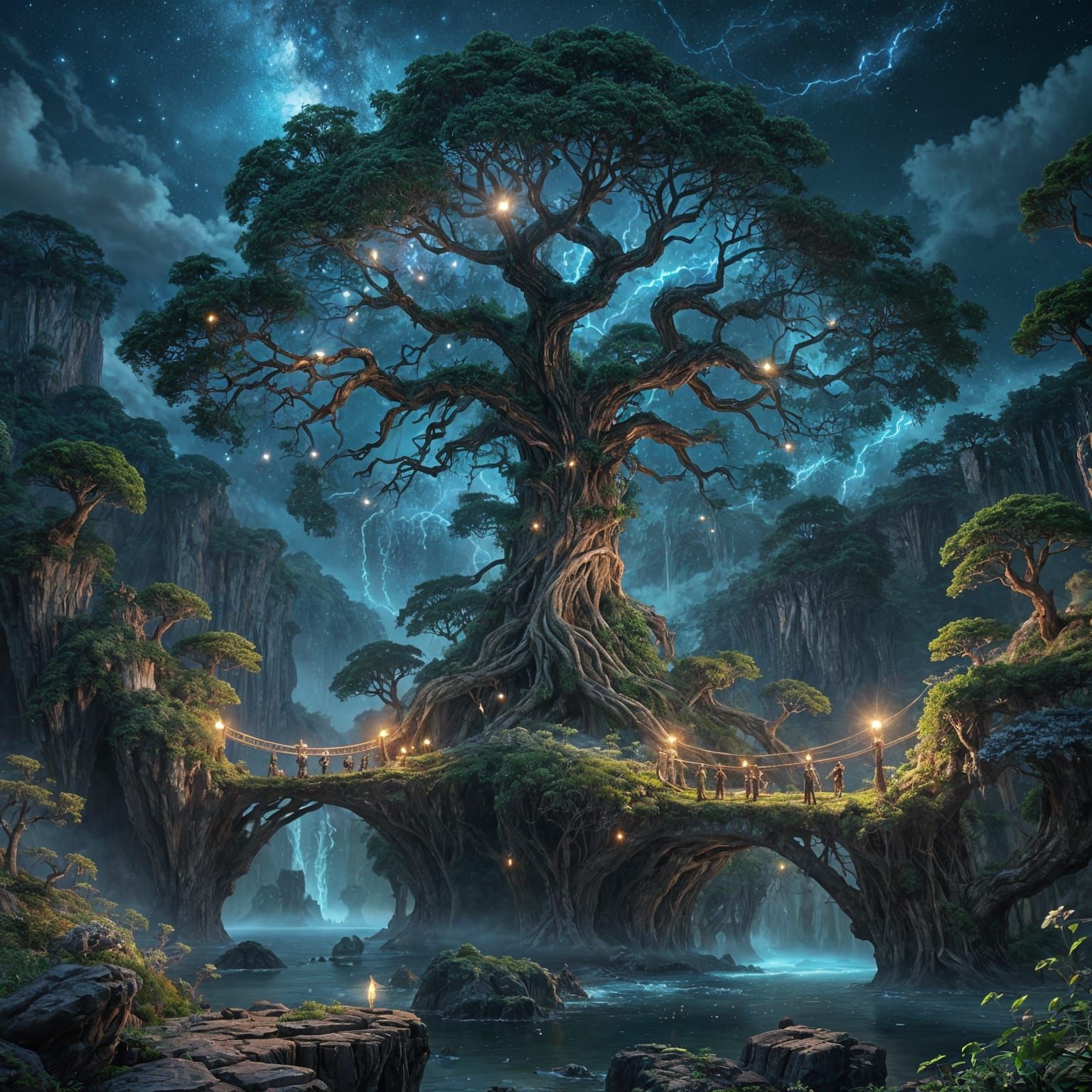 Ancient Tree Bridges Starlight Chasm in Fantastical Realm