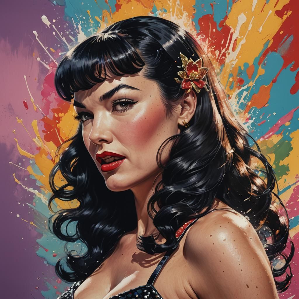 Hyperrealistic Portrait of Bettie Page in Splash Art Style
