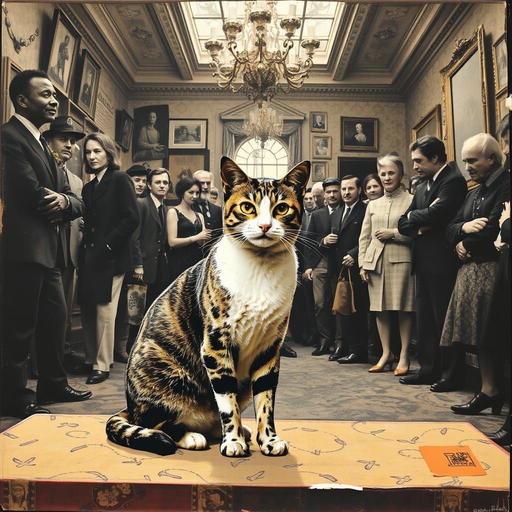 Cat in Crowded Room, as Mixed Media Collage