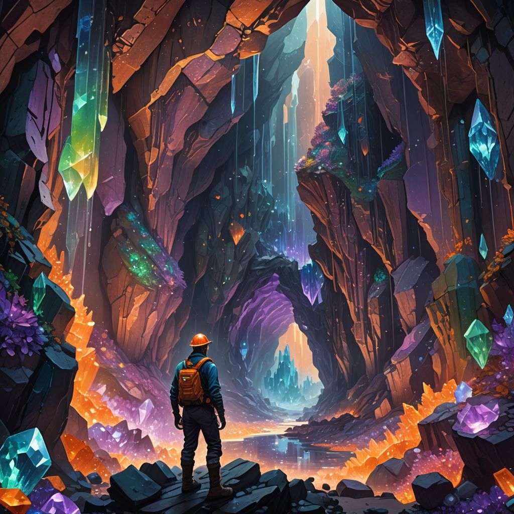 Miner in Crystalline Cavern: Fantasy Concept Art