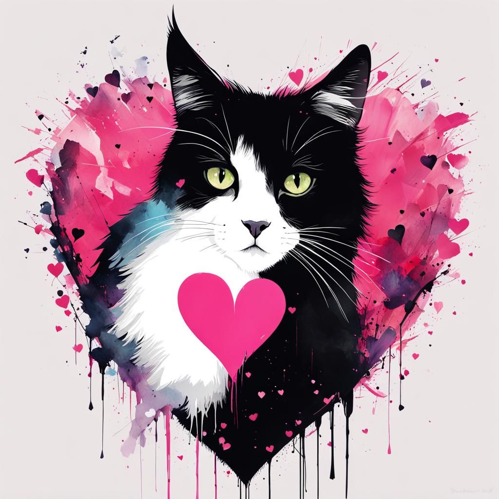 Winged White Cat in Heart Home, Watercolor Art