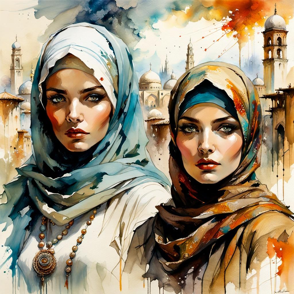 Beautiful Women in Hijabs: Neo-Impressionist Oasis Art