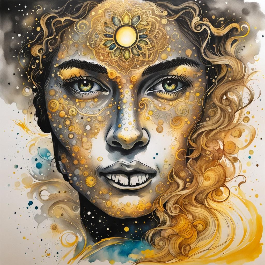 Whimsical Ink Portrait of a Golden Spark of Light