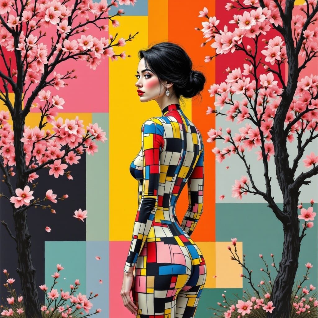 Mondrian-Inspired Pin-Up Girl in Vibrant Cherry Blossom Gard...