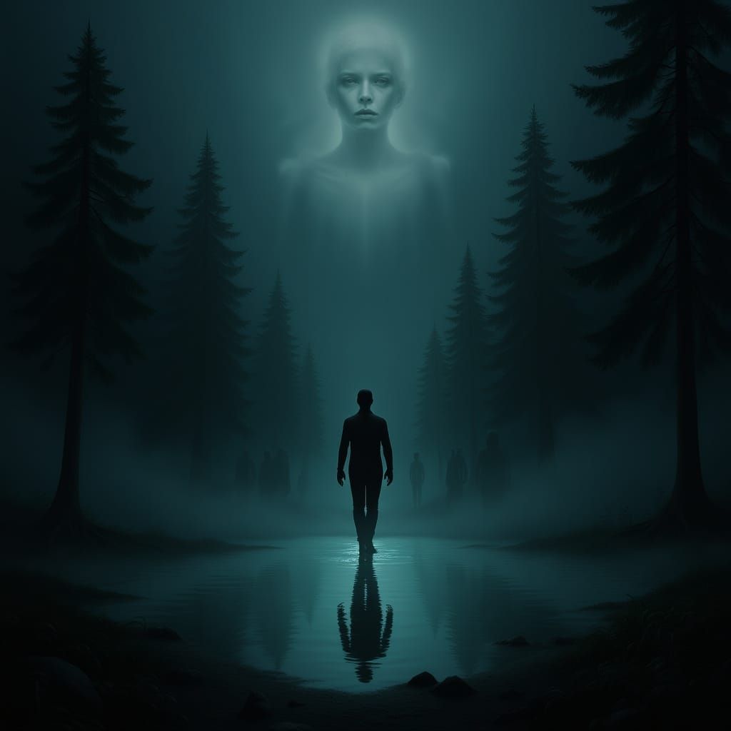 Ethereal Figures Lurk in Misty Pine Forest