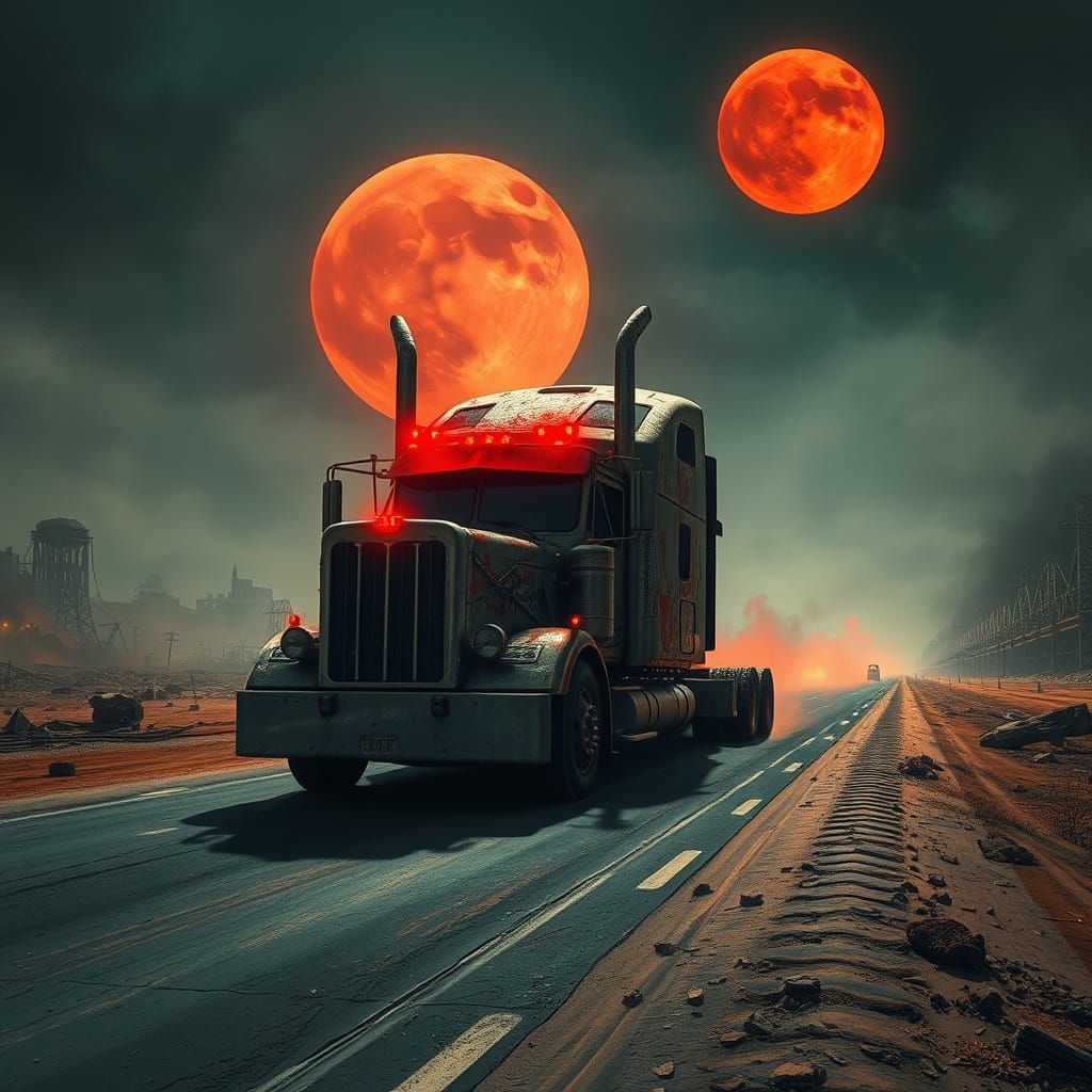 Demonic Semi Truck Speeds Down Apocalyptic Highway Under Blo...