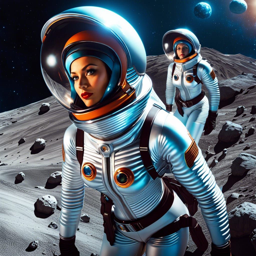 Retro Space Girl Pinup on Asteroid in 8K