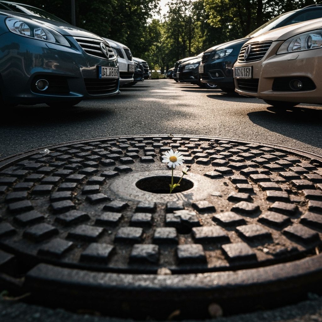 Daisy Blooms from Manhole Cover: Photorealistic Street Scene