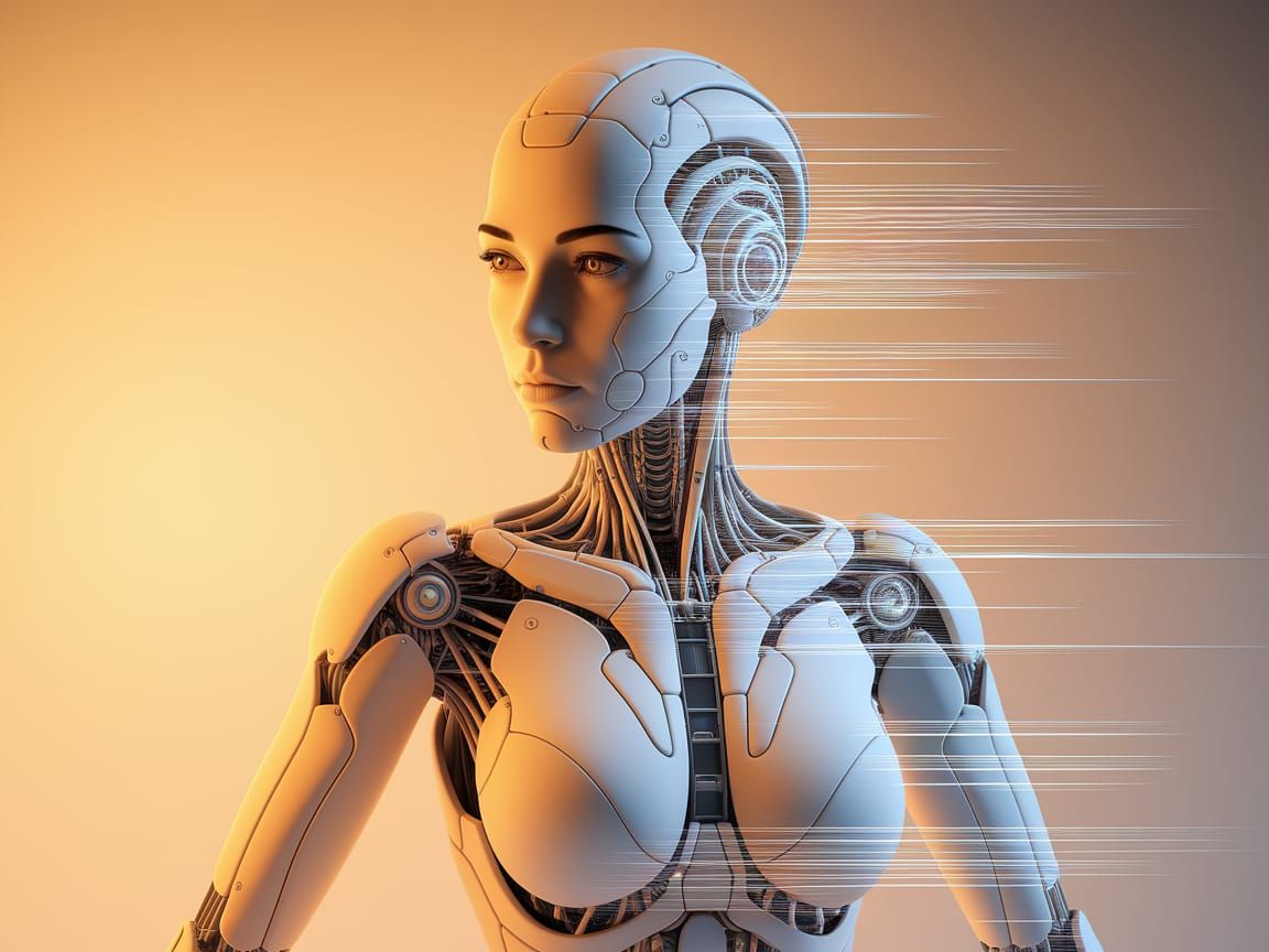 Cyborg Glitch Portrait in High-Tech Blueprint Style