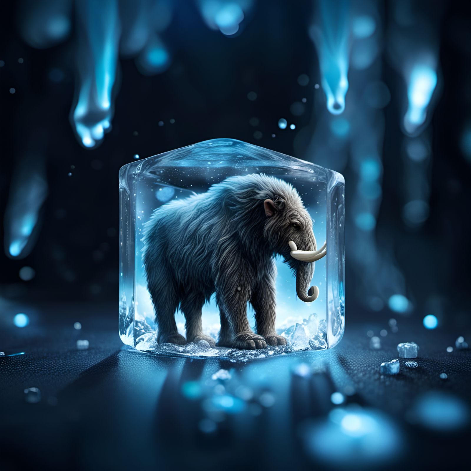 Fluffy Mammoth in Ice Cube: Hyperrealistic Art