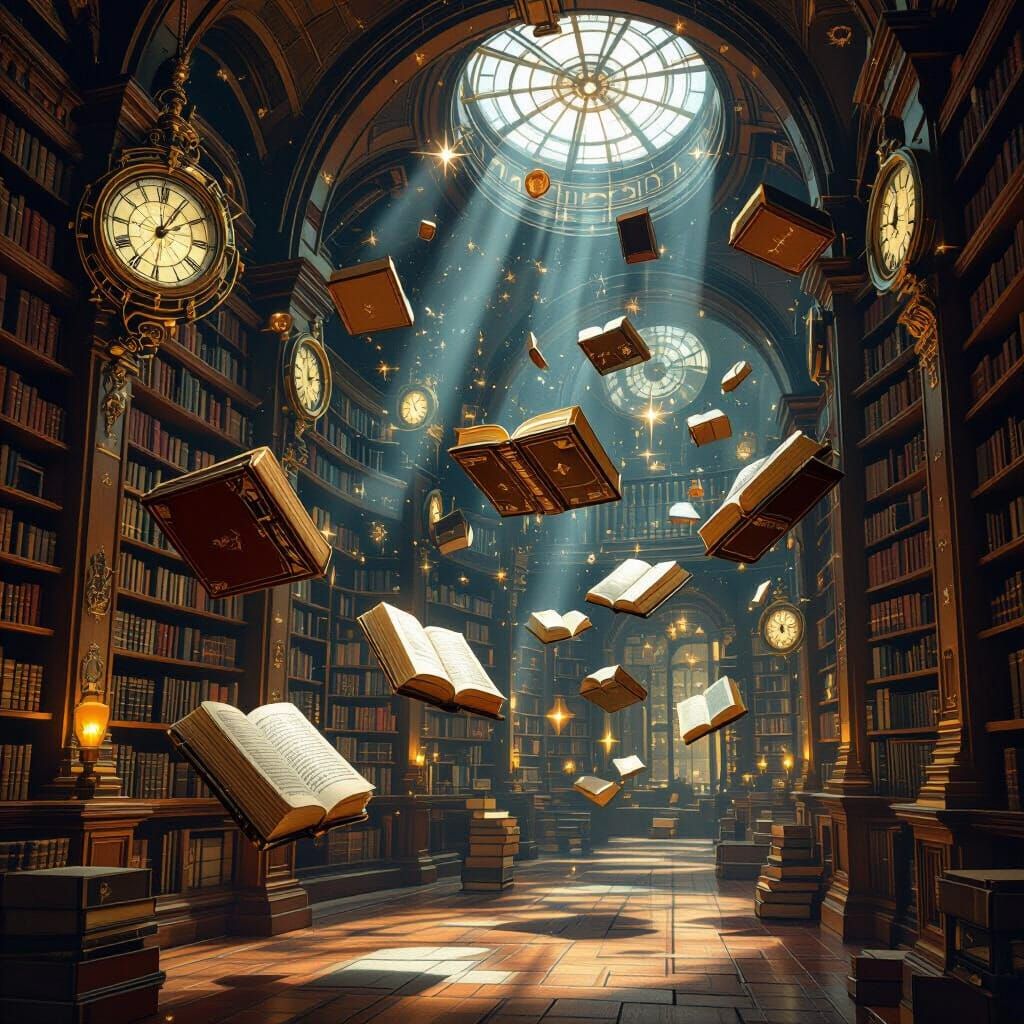 Steampunk Library with Floating Books and Cosmic Wonder