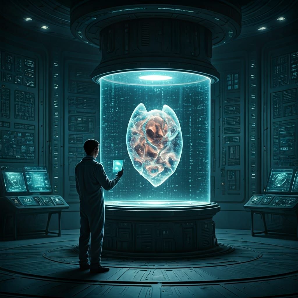 Scientist Examines Alien Artifact in High-Tech Lab