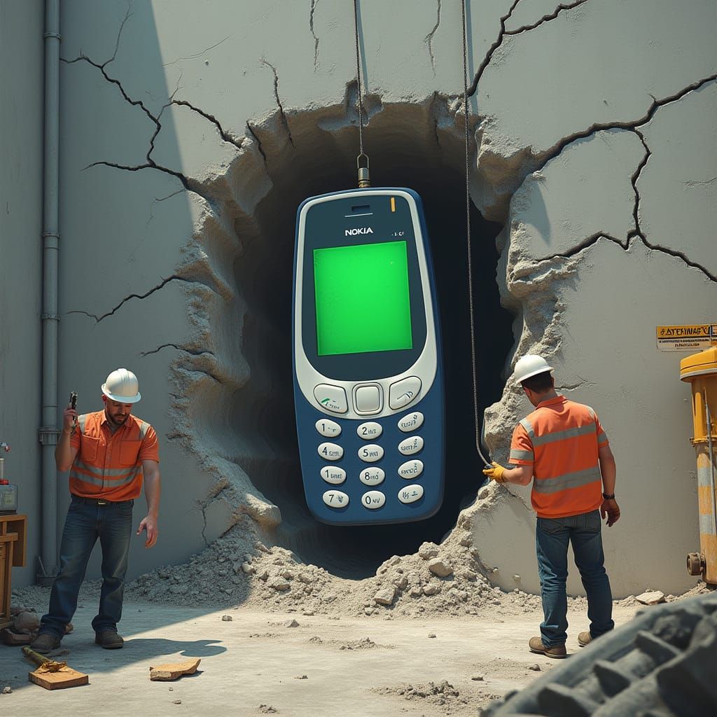Nokia 3310 Stuck in Concrete Wall: Hyperrealistic Scene