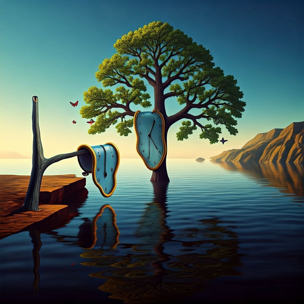Surreal Dreamscape with Melting Clock and Butterflies