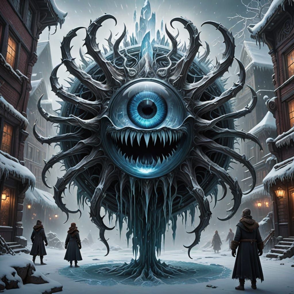 Frozen Beholder Levitates in Epic Winter Scene with Magical....