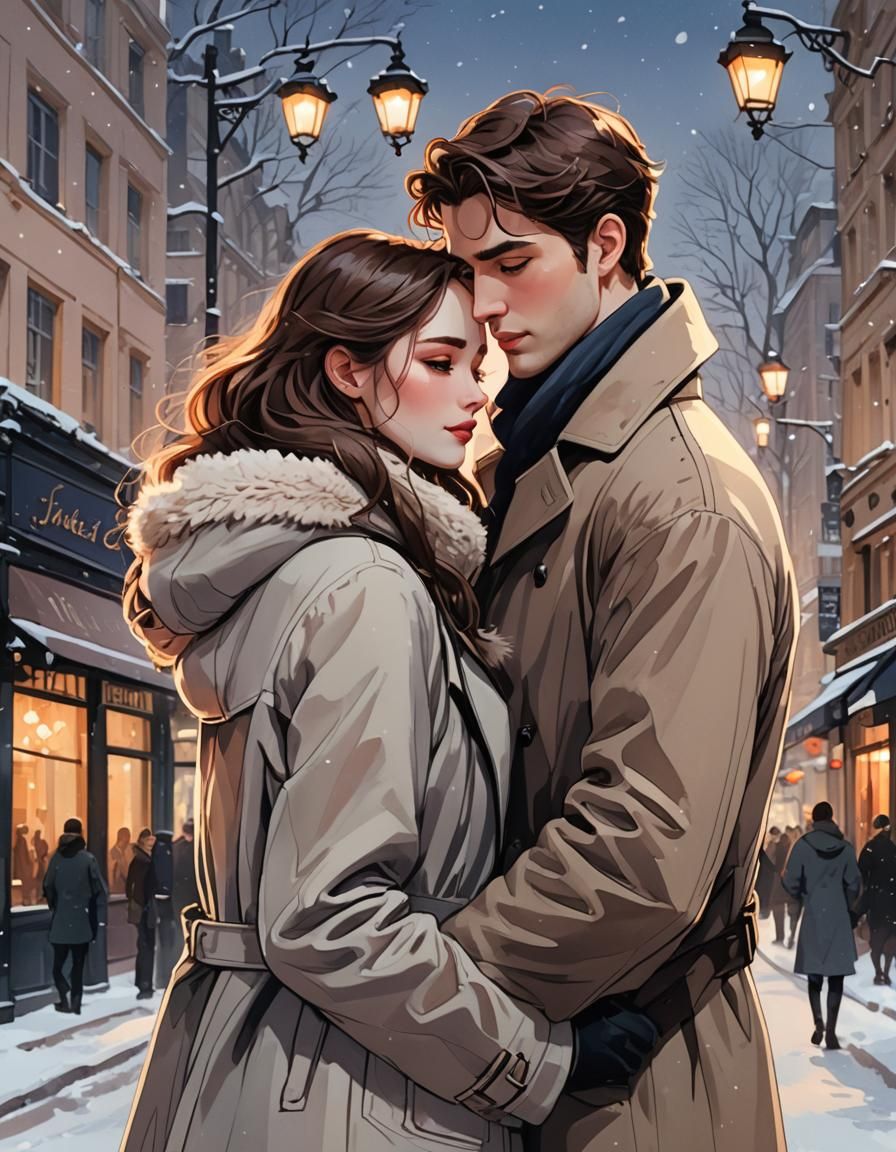 Romantic Couple in Snowy Paris: Digital Illustration