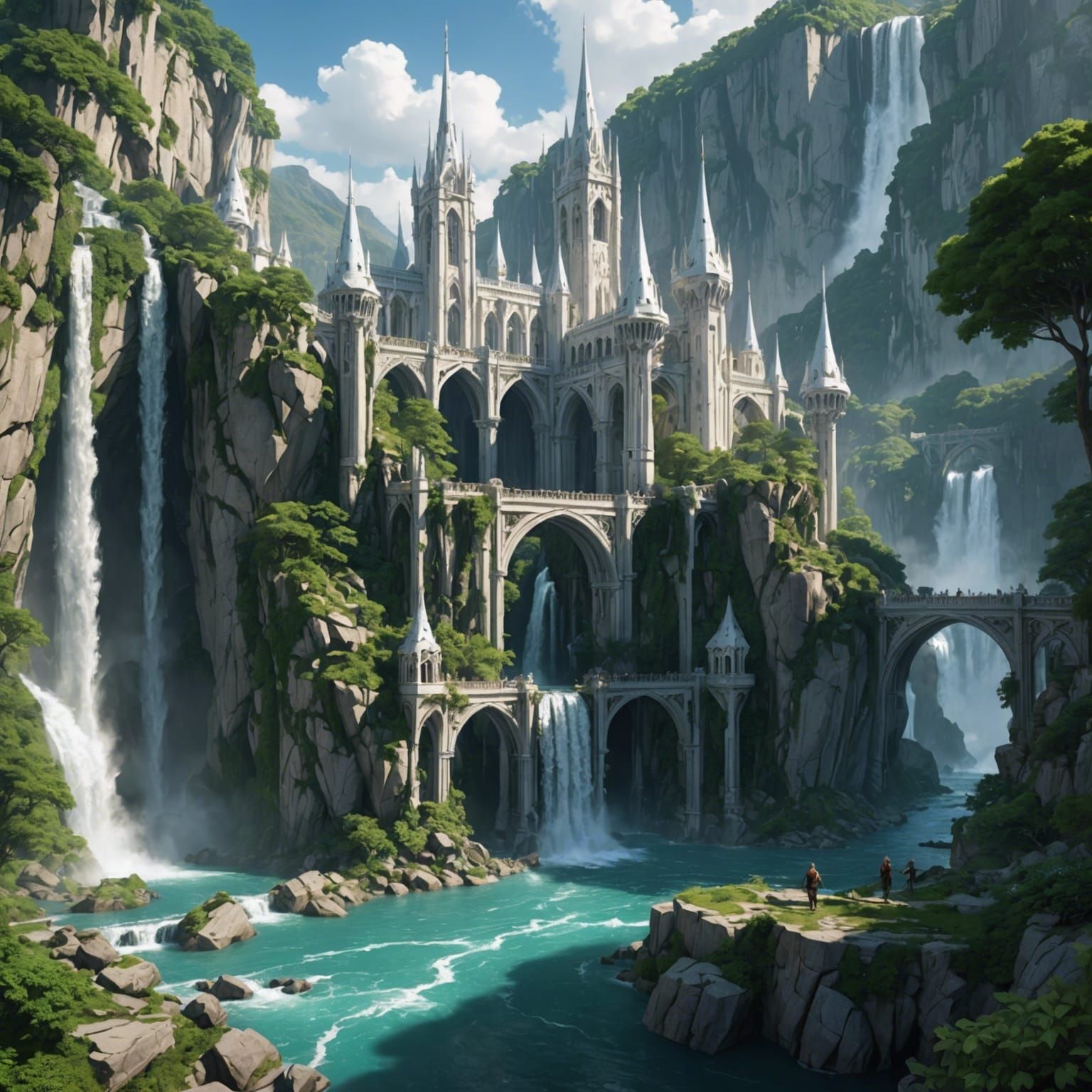 Elven City Over Waterfall in Anime Style