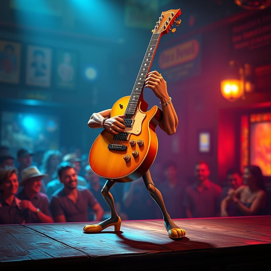 Anthropomorphic Guitar Performs on a Dimly Lit Stage in a Cy...