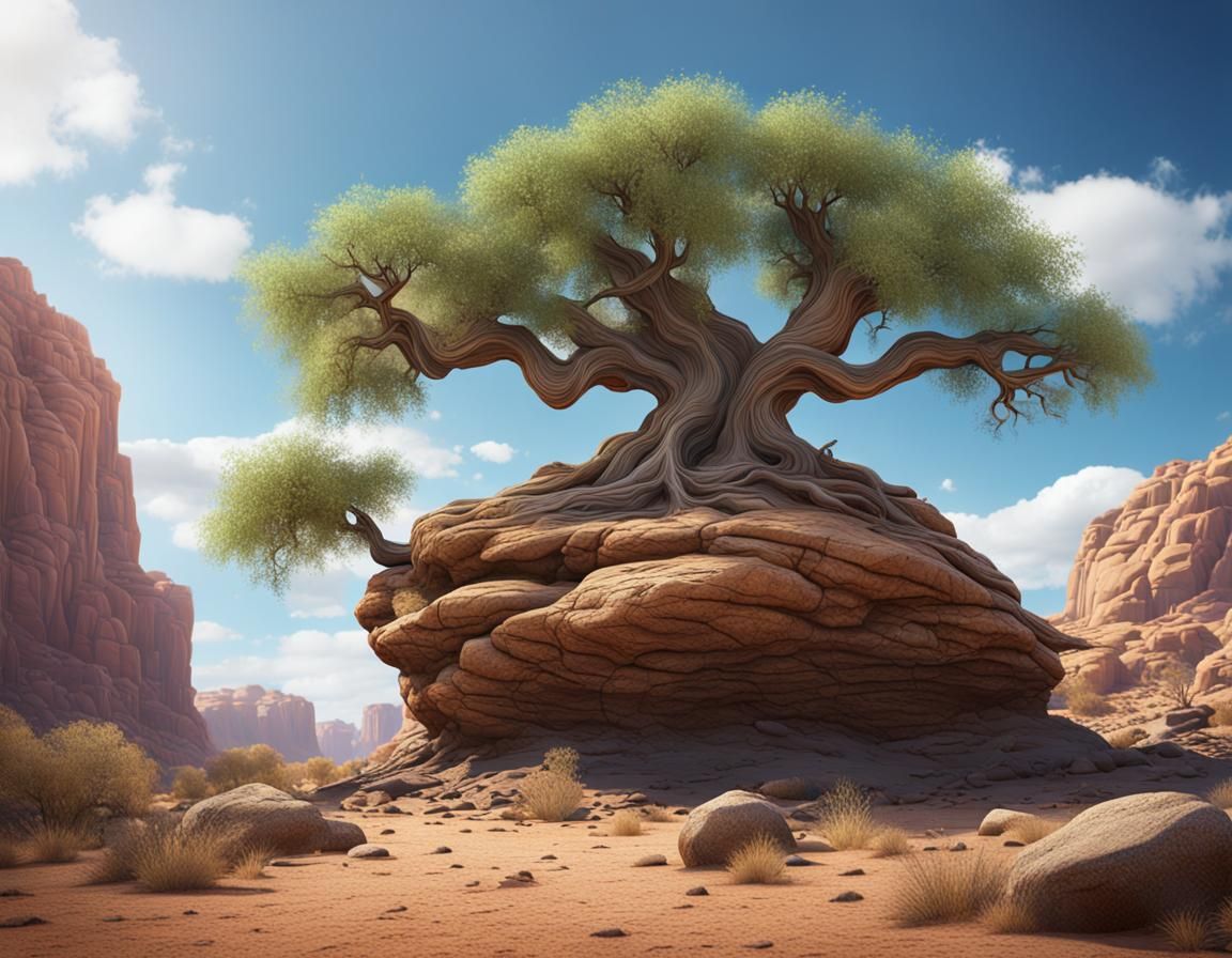 Tree Growing Through Rock in Desert Landscape