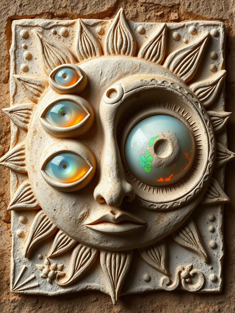 Opal Relief Sculpture of a Three-Eyed Sun God