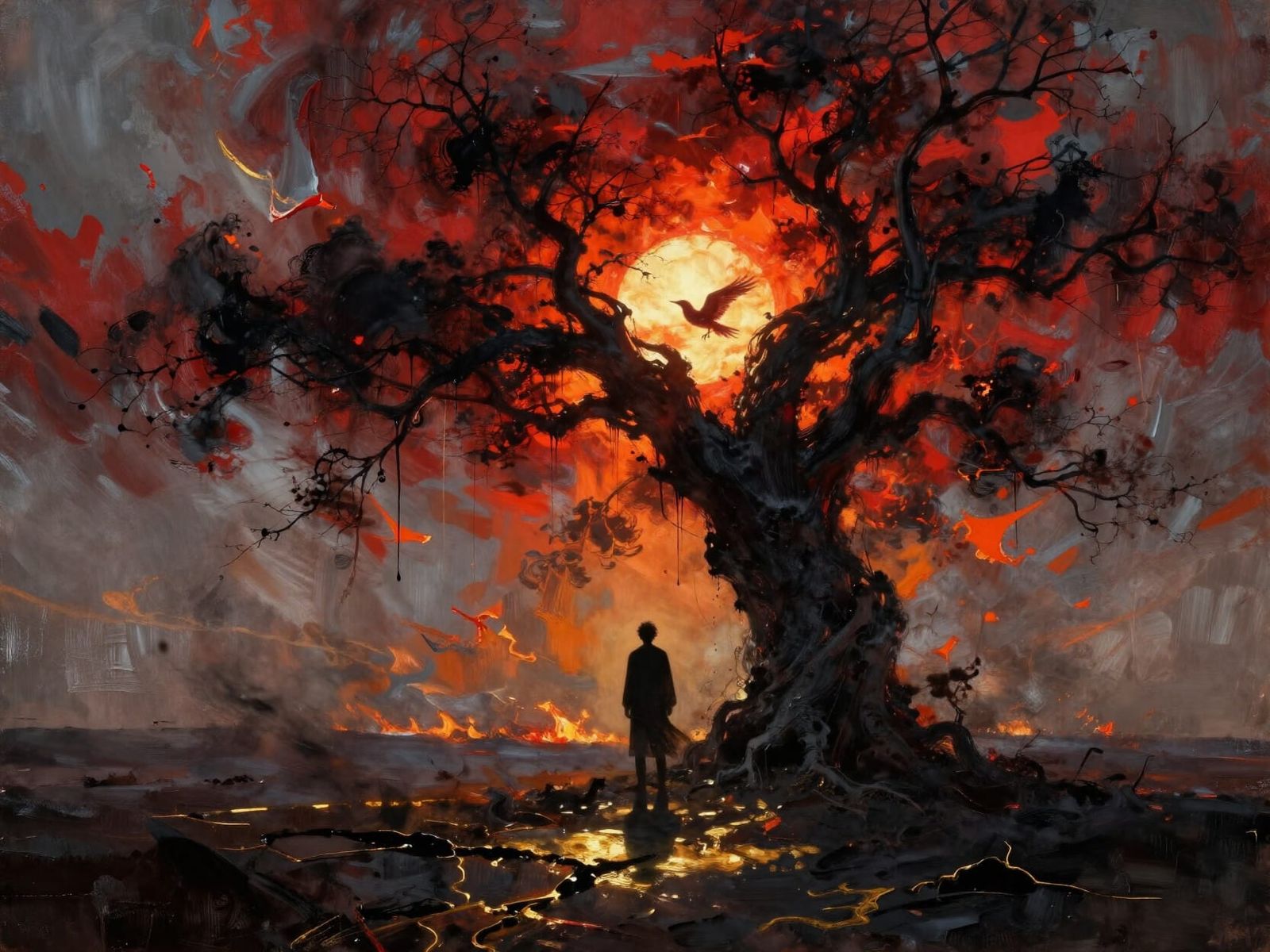 Man Beneath Blackened Tree on Burning Horizon