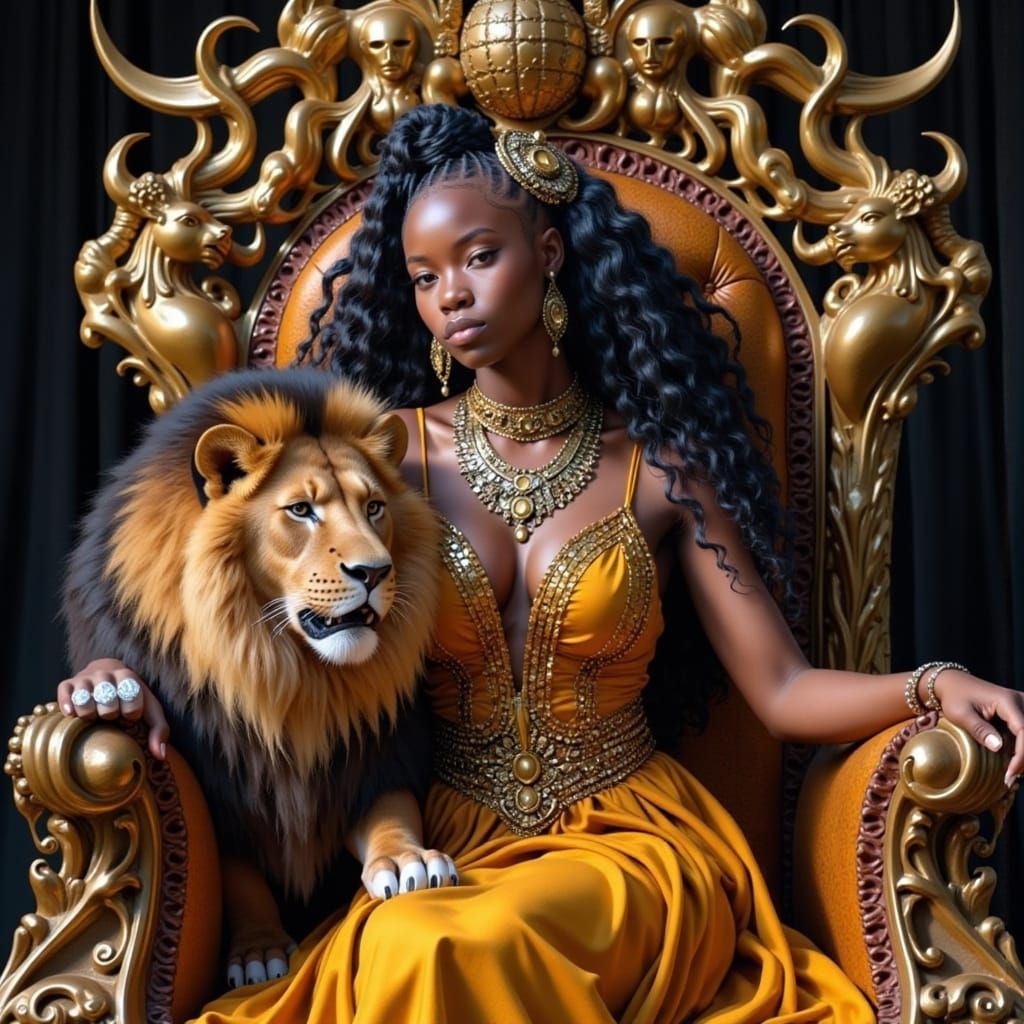 Regal Afrika Queen with Golden Lion by Her Side