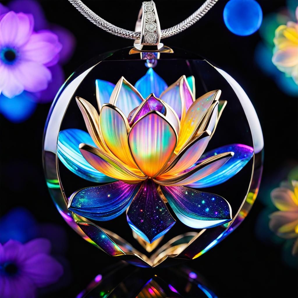 Holographic Lotus Pendant with Shattered Hearts