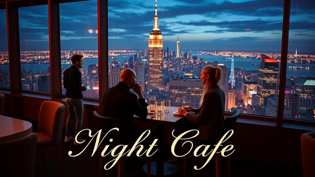 Night Cafe at Empire State Building, Friends Enjoying Coffee...