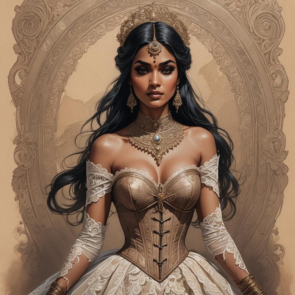 Beautiful Indian Woman in Corset: Color Pencil Sketch