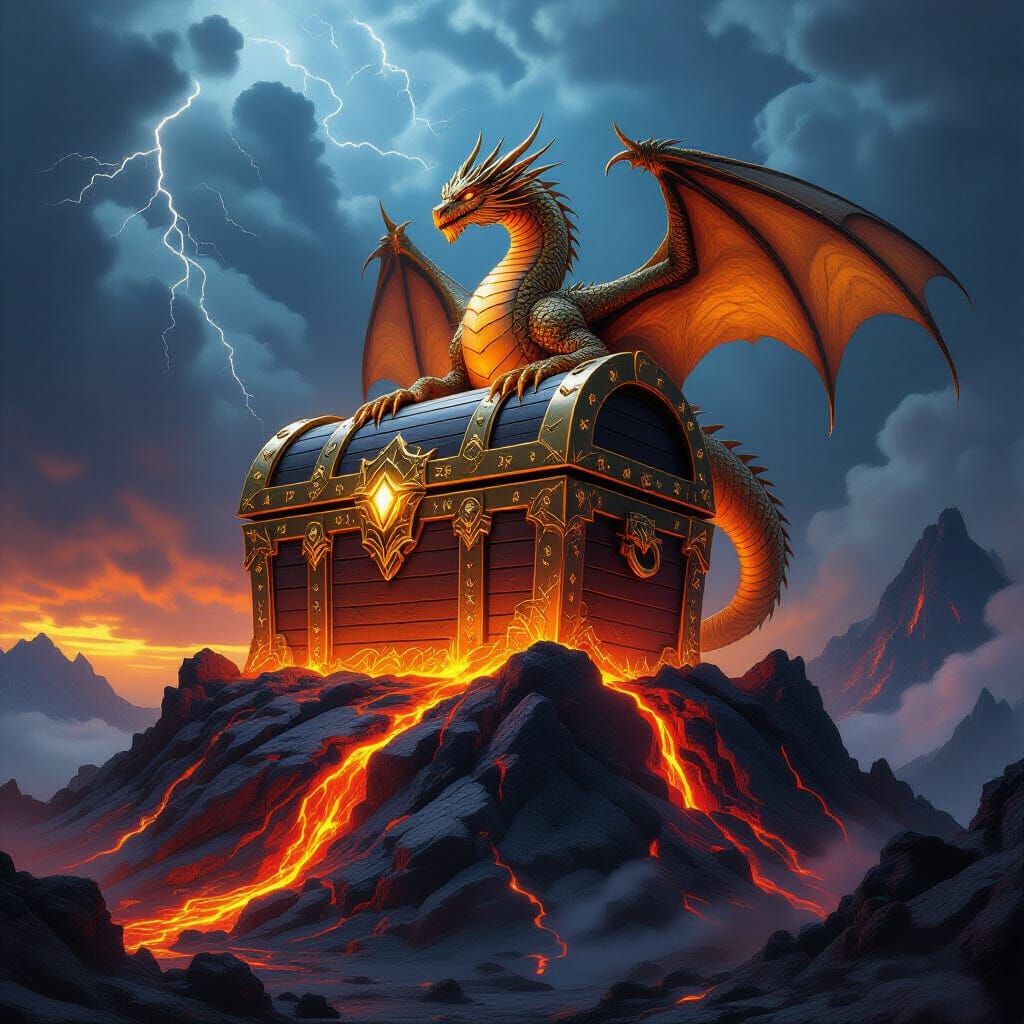 Golden Dragon Guarding Arcane Treasure Chest