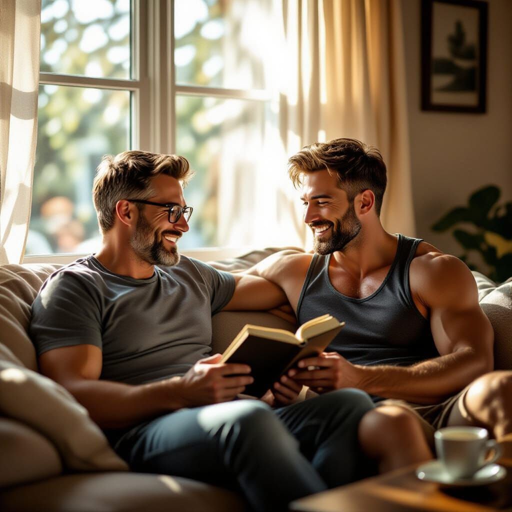 Two Attractive Muscular Men Reading and Relaxing in Sunlight