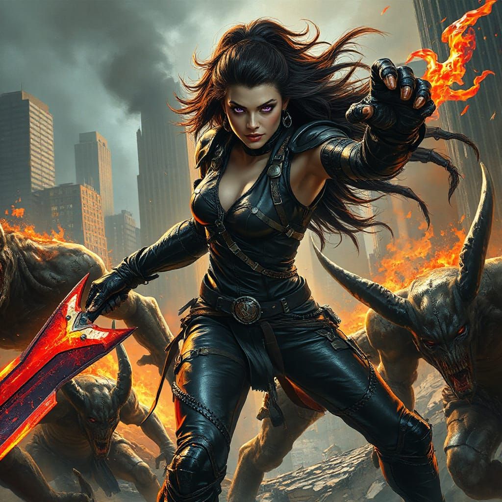 Cyborg Warrior in Battle against Demons