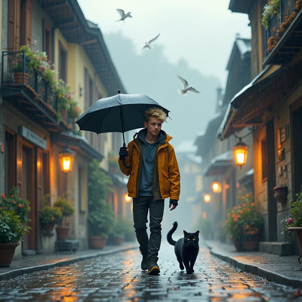 Rainy Day in Alpine Village with Man and Cat