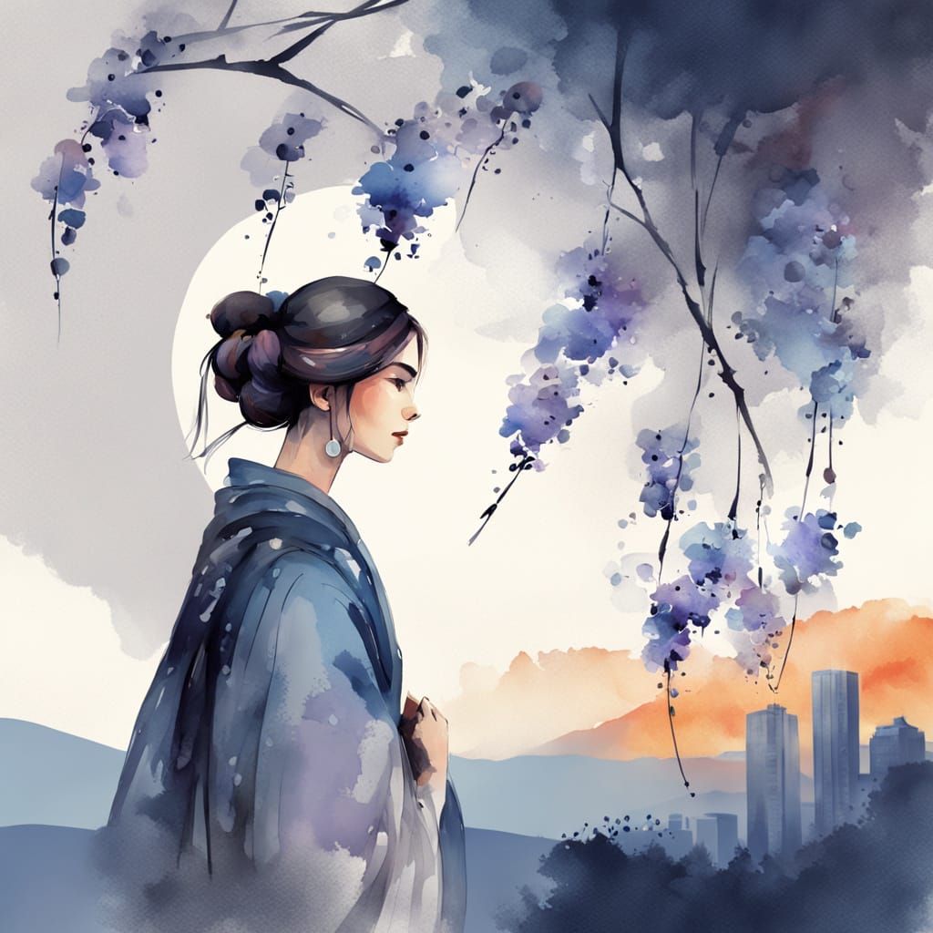 Woman with Cityscape Hair in Watercolor Style