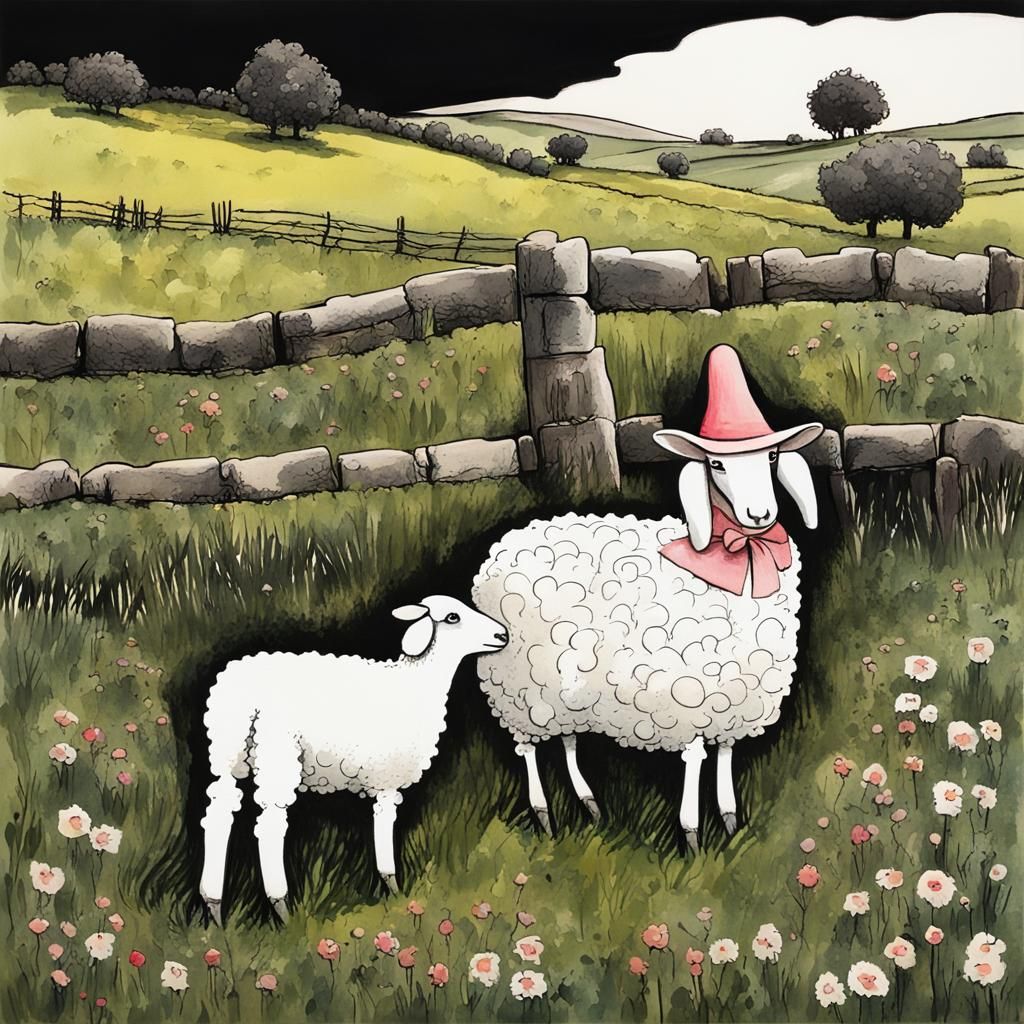 Evening Meadow Scene in Modern Ink Painting Style